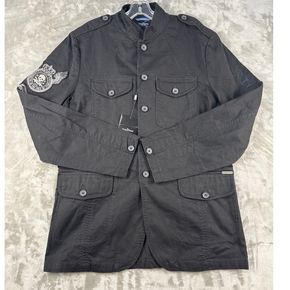 Marc Ecko Cut & Sew‎ Mens Black Military Field Jacket Skull Patch Cotton Large